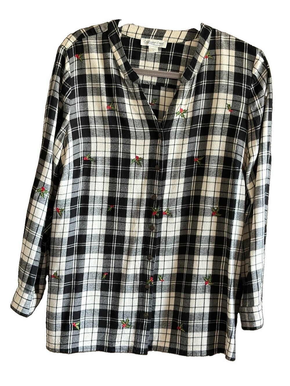 Coldwater Creek L Black&White Plaid Christmas Blouse Holly Berry Embroidery